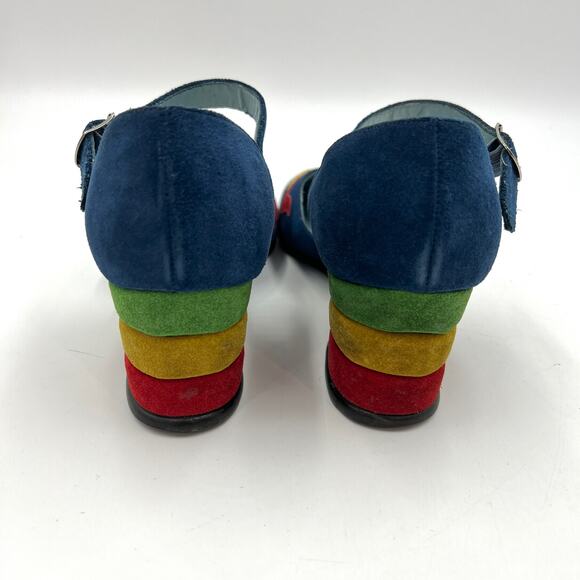 Vintage Rhea Nichols Suede Wedges Mary Jane Shoes Blue Rainbow Memphis - Picture 5 of 12